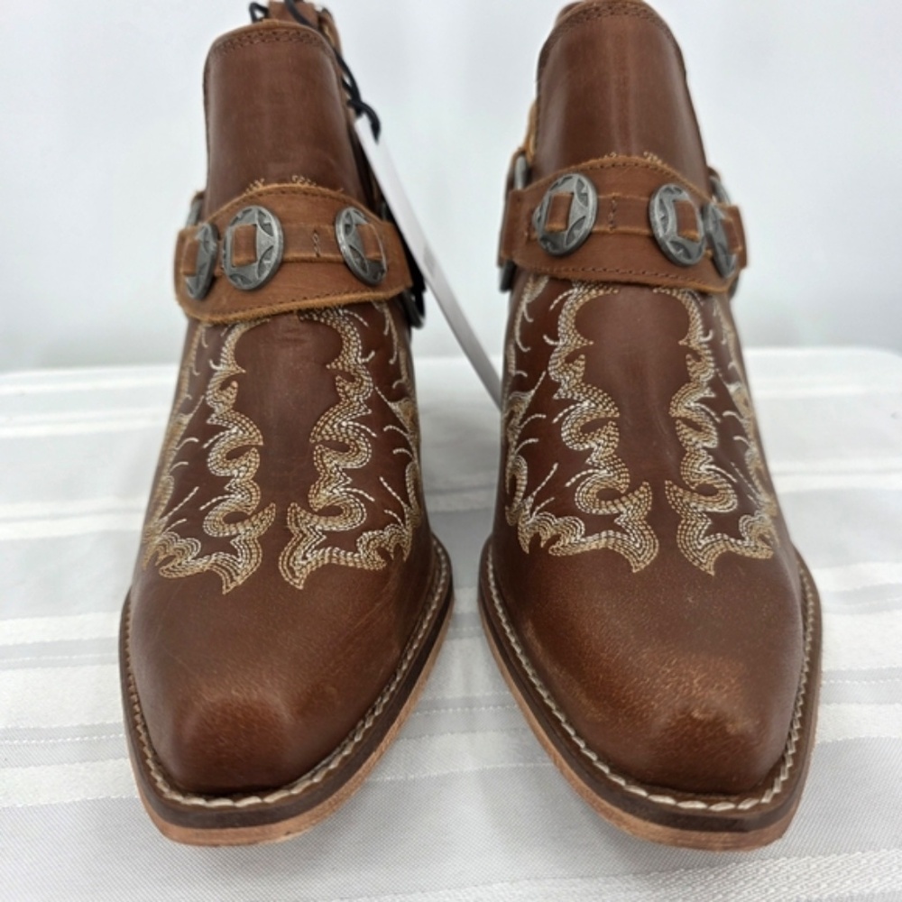 Myra Bag Brown Ankle Boots with Cream Embroidery - Picture 6 of 12
